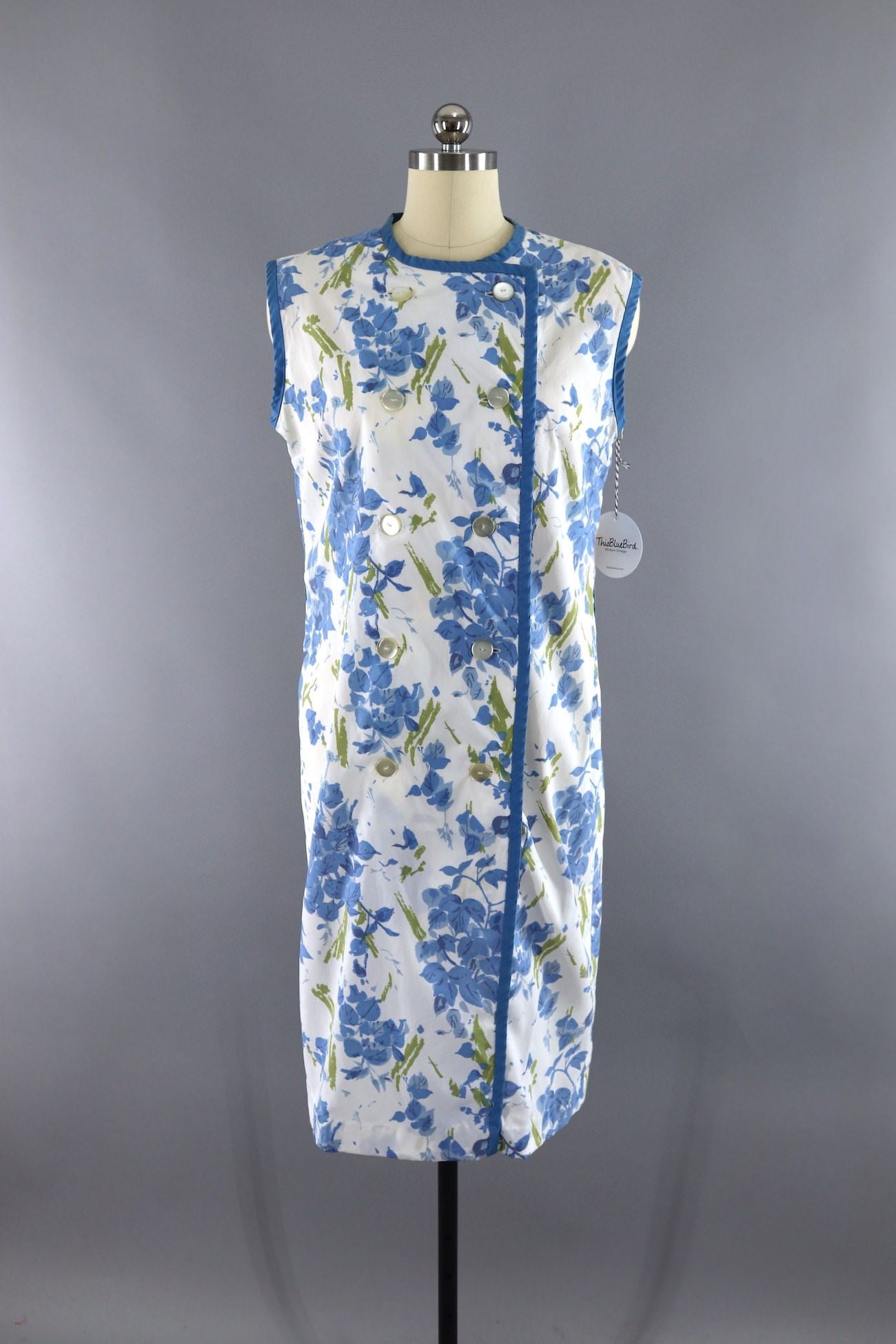Vintage White and Blue Floral Print Summer Dress - ThisBlueBird
