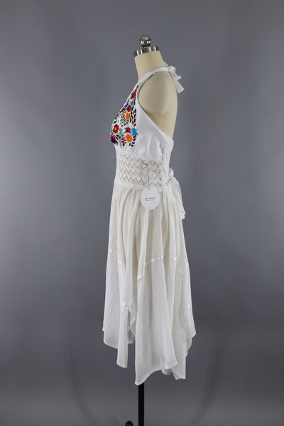 Vintage White Cotton Gauze Embroidered Mexican Halter Dress - ThisBlueBird