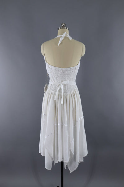 Vintage White Cotton Gauze Embroidered Mexican Halter Dress - ThisBlueBird