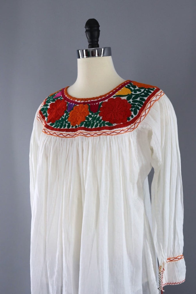 Vintage White Cotton Gauze Mexican Embroidered Tunic-ThisBlueBird - Modern Vintage