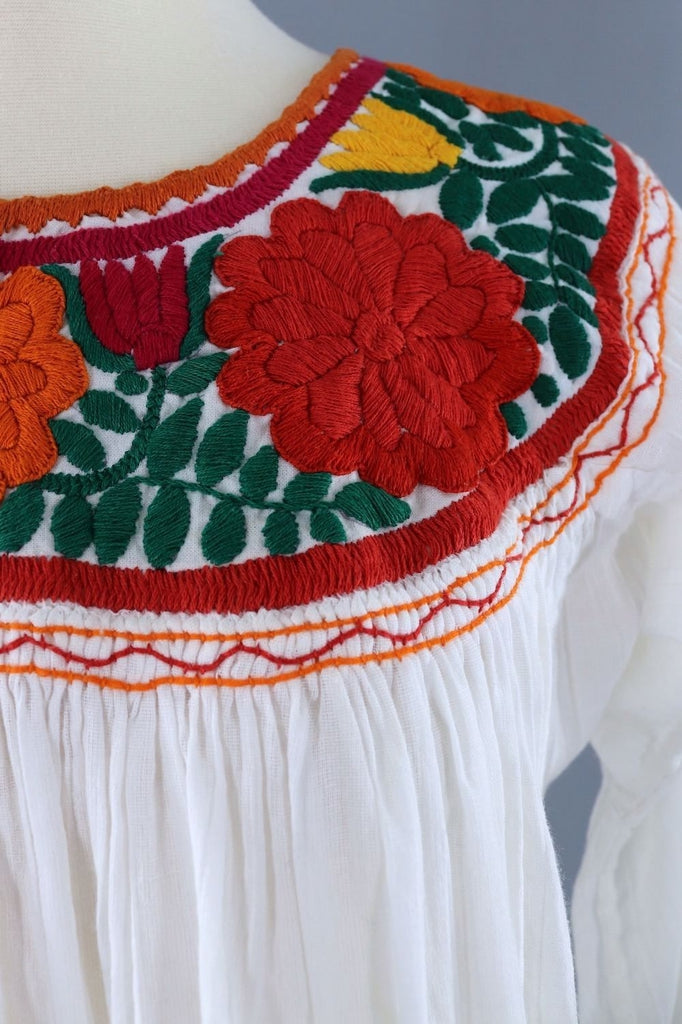 Vintage White Cotton Gauze Mexican Embroidered Tunic-ThisBlueBird - Modern Vintage