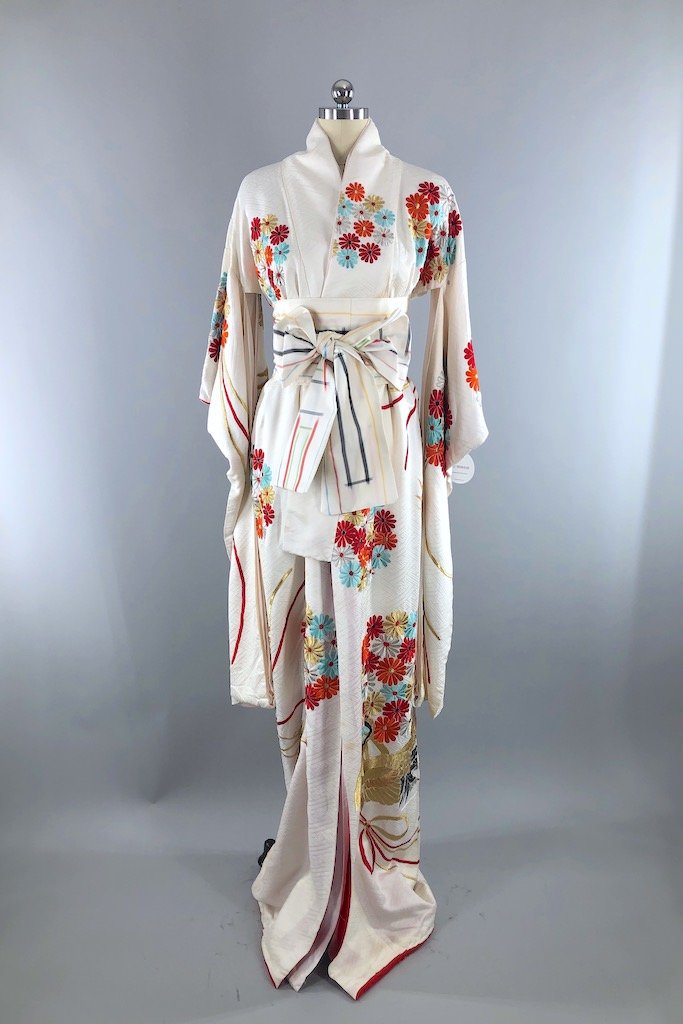 Vintage White Embroidered Crane Silk Kimono Robe – ThisBlueBird