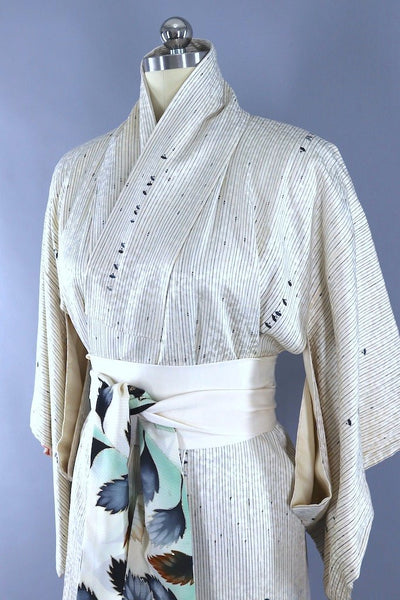 Vintage White Fans Silk Kimono Robe-ThisBlueBird