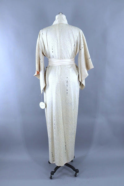 Vintage White Fans Silk Kimono Robe-ThisBlueBird
