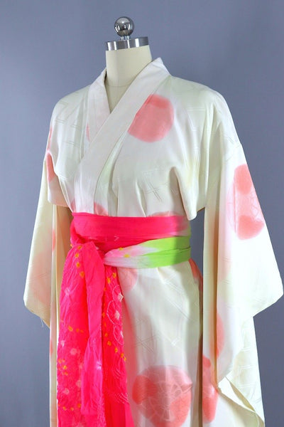 Vintage White & Pink Silk Kimono Robe-ThisBlueBird - Modern Vintage