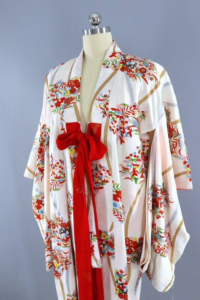 Vintage White &amp; Red Floral Silk Kimono Robe-ThisBlueBird - Modern Vintage