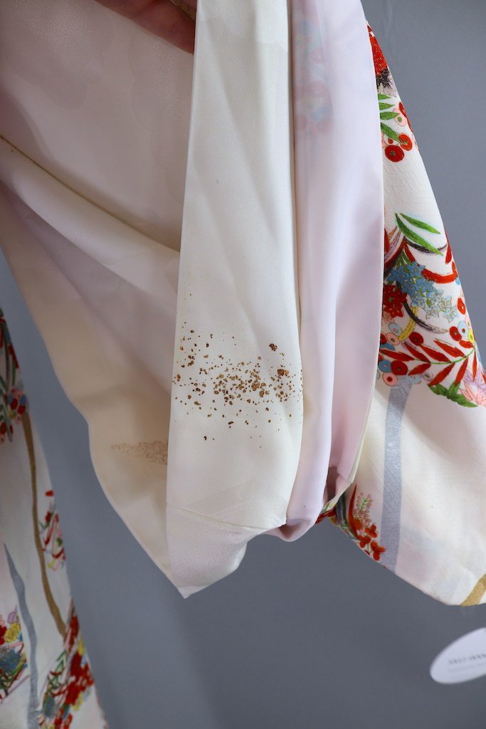 Vintage White &amp; Red Floral Silk Kimono Robe-ThisBlueBird - Modern Vintage