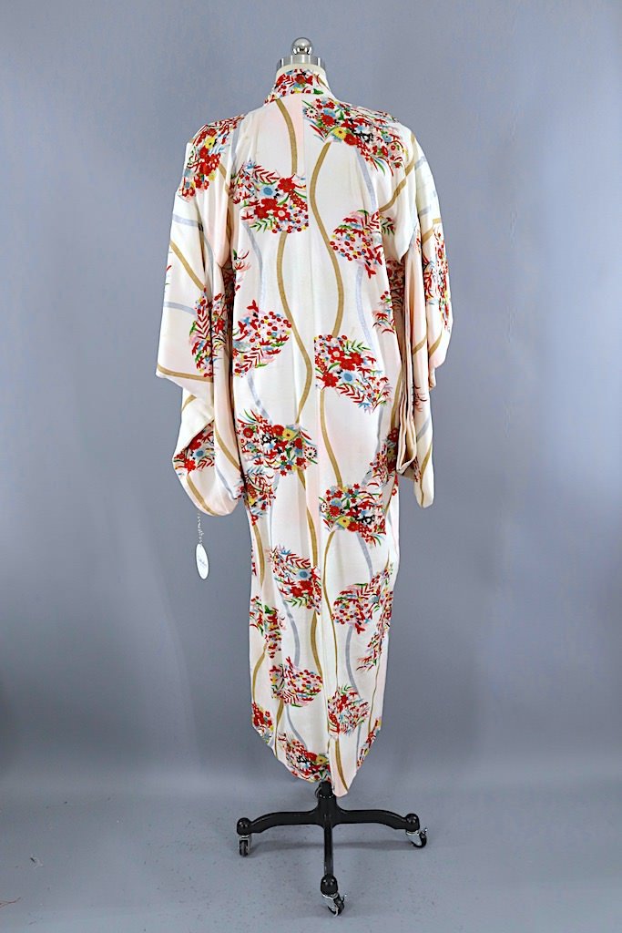 Vintage White &amp; Red Floral Silk Kimono Robe-ThisBlueBird - Modern Vintage