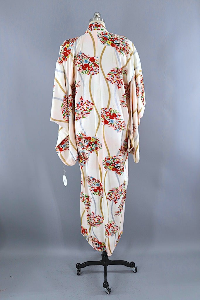 Vintage White & Red Floral Silk Kimono Robe-ThisBlueBird - Modern Vintage