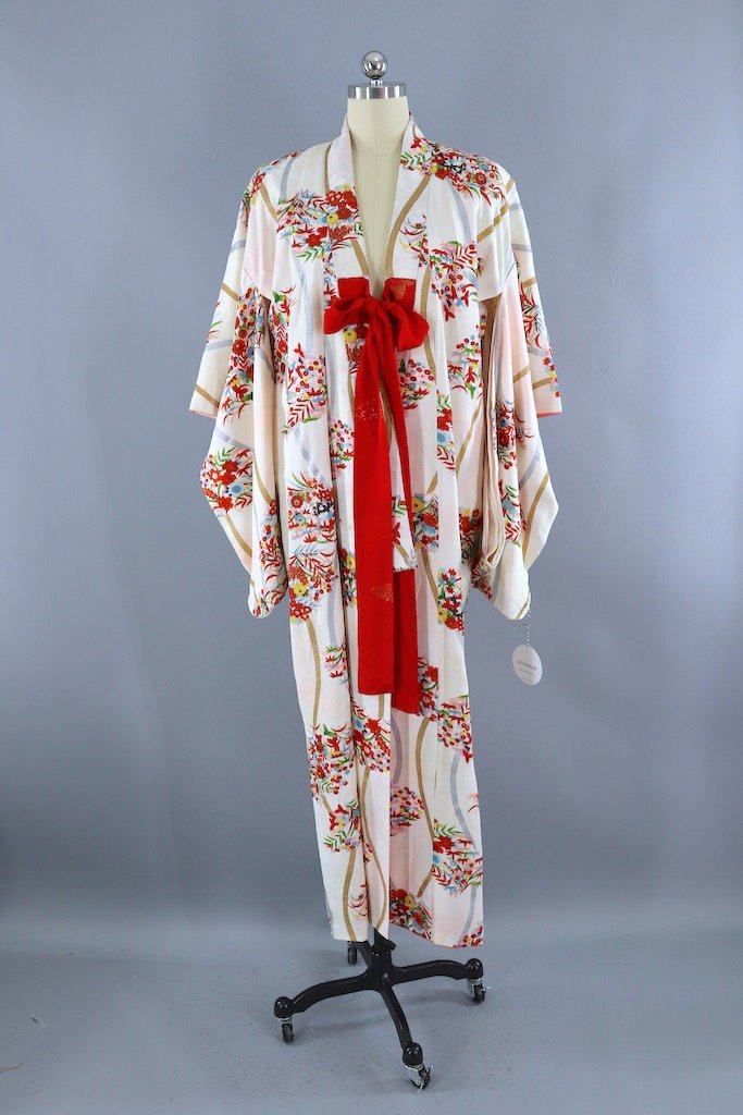 Vintage White &amp; Red Floral Silk Kimono Robe-ThisBlueBird - Modern Vintage