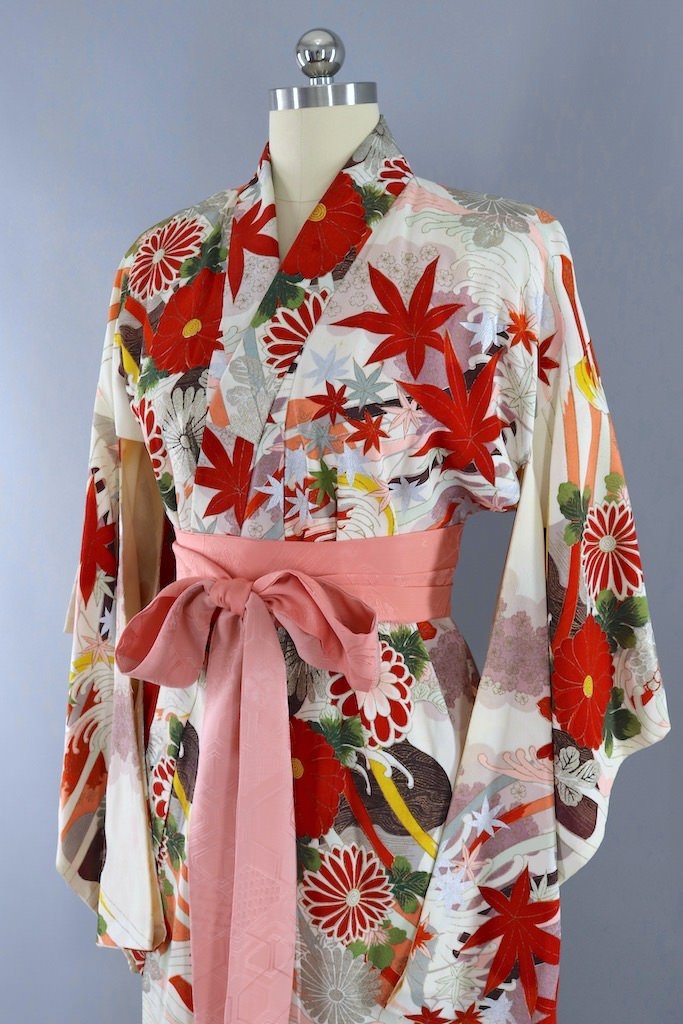 Vintage White &amp; Red Maple Leaf Silk Kimono Robe-ThisBlueBird - Modern Vintage