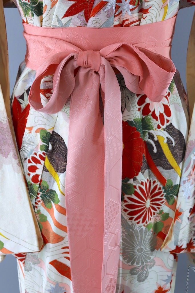 Vintage White &amp; Red Maple Leaf Silk Kimono Robe-ThisBlueBird - Modern Vintage