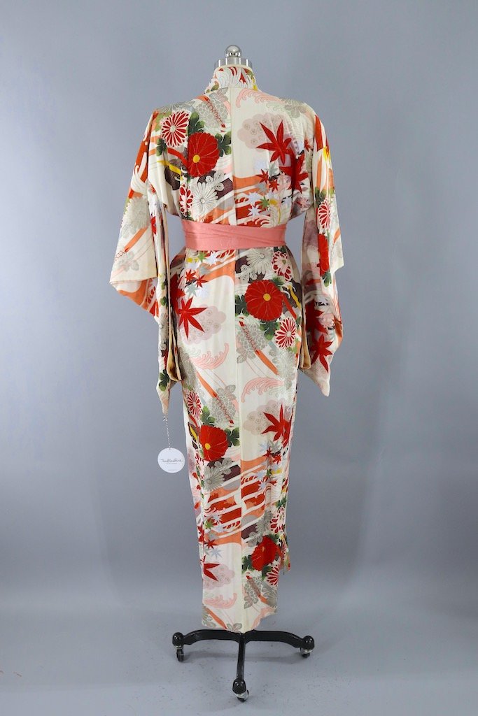Vintage White &amp; Red Maple Leaf Silk Kimono Robe-ThisBlueBird - Modern Vintage