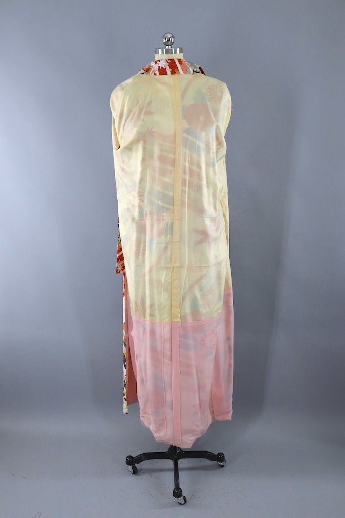 Vintage White &amp; Red Maple Leaf Silk Kimono Robe-ThisBlueBird - Modern Vintage
