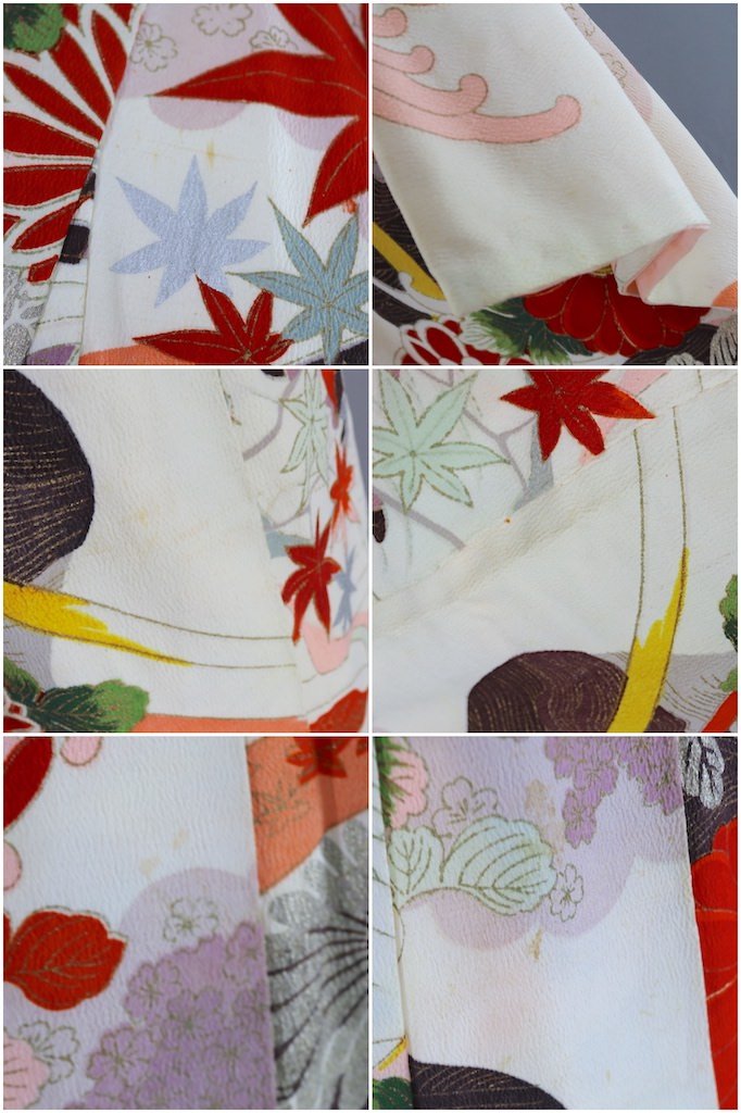 Vintage White &amp; Red Maple Leaf Silk Kimono Robe-ThisBlueBird - Modern Vintage