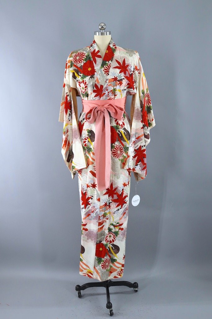 Vintage White &amp; Red Maple Leaf Silk Kimono Robe-ThisBlueBird - Modern Vintage