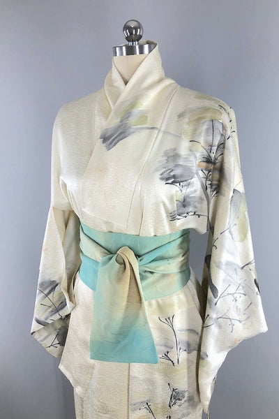 Vintage White Watercolor Trees Silk Kimono Robe-ThisBlueBird - Modern Vintage