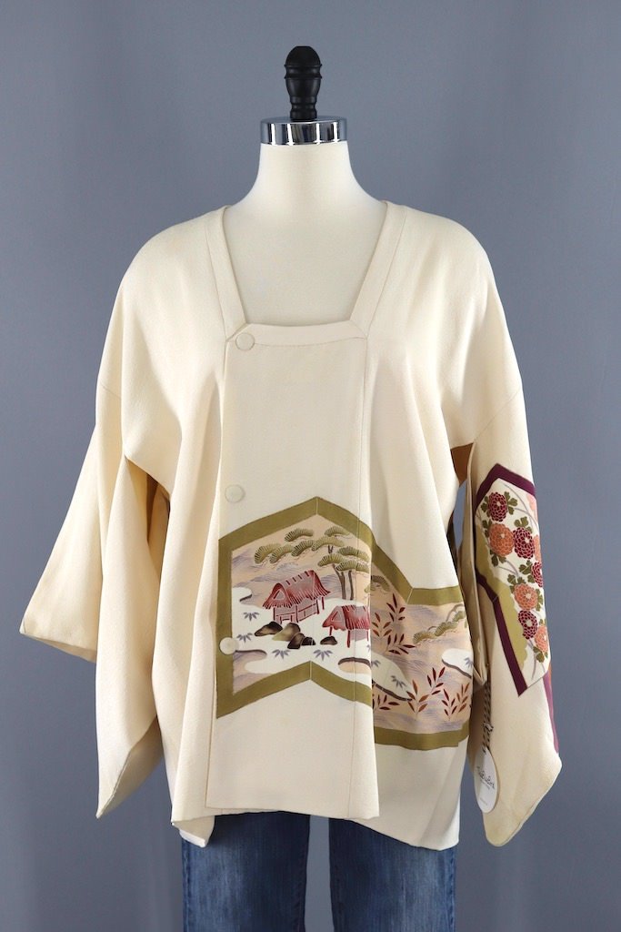 Vintage Winter White Silk Kimono Coat - ThisBlueBird Modern Vintage