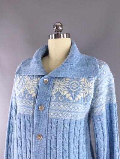Vintage Wool Cardigan Sweater / Blue and White Snowflakes - ThisBlueBird