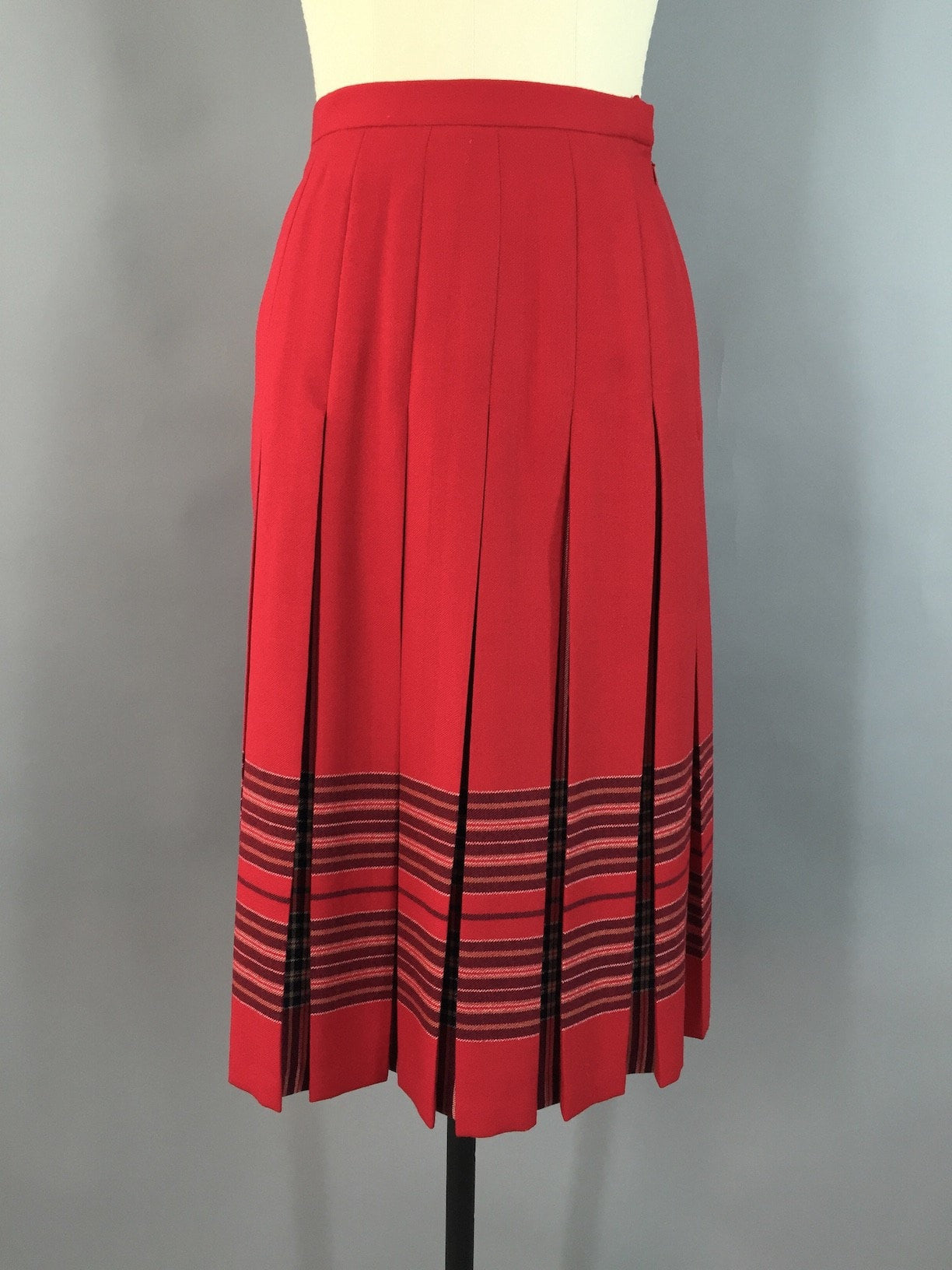 Vintage Wool Midi Skirt / Highland Tartan / Red Wool Plaid / Pleated Kilt - ThisBlueBird