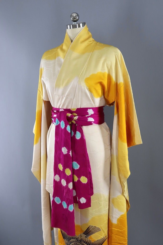 Vintage Yellow Birds Silk Kimono Robe ThisBlueBird