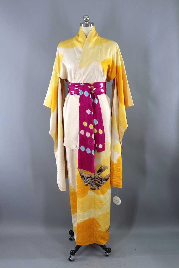 Vintage Yellow Birds Silk Kimono Robe ThisBlueBird
