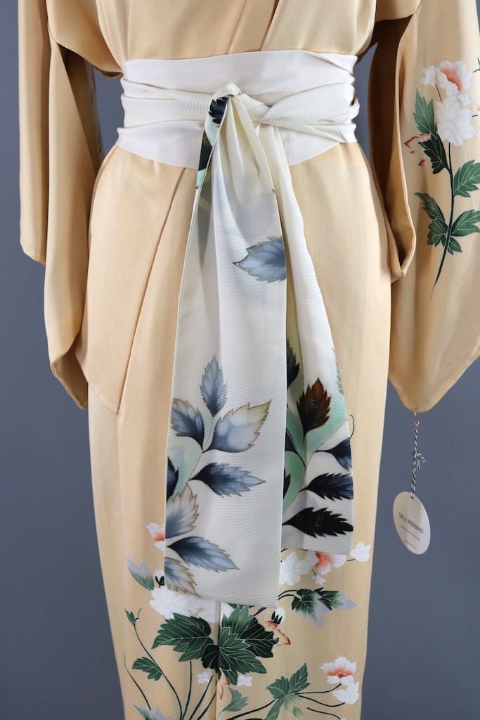 Vintage Yellow Cream Floral Silk Kimono Robe-ThisBlueBird - Modern Vintage