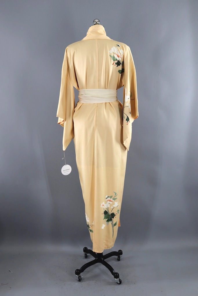 Vintage Yellow Cream Floral Silk Kimono Robe-ThisBlueBird - Modern Vintage