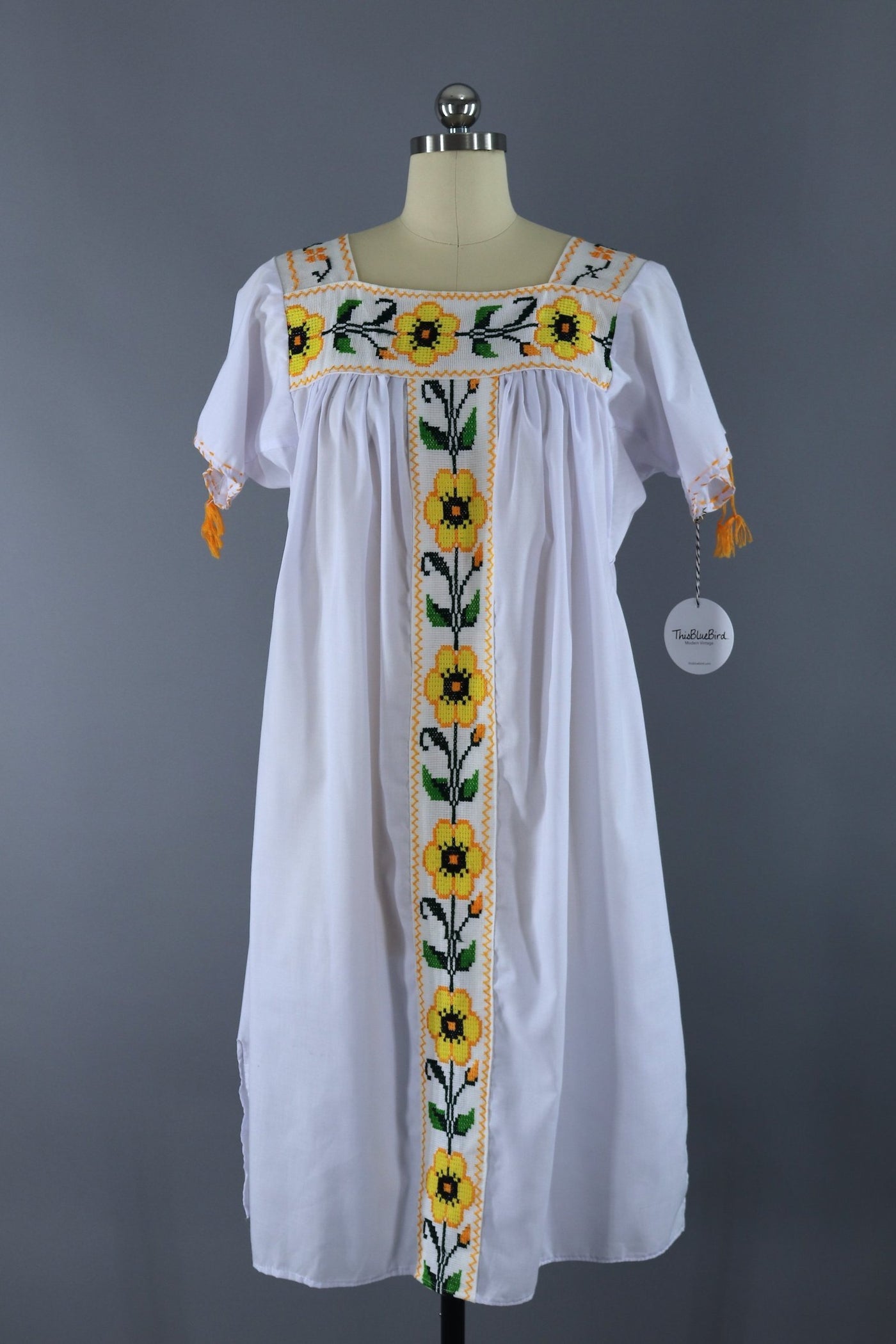 Vintage Yellow Floral Cross Stitch Peasant Dress - ThisBlueBird