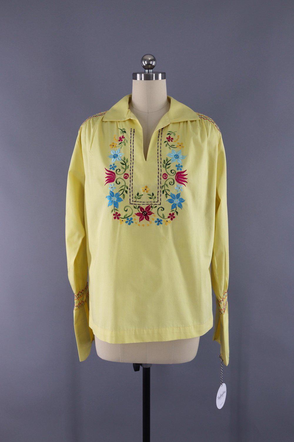 Vintage Yellow Floral Embroidered Tunic Blouse - ThisBlueBird