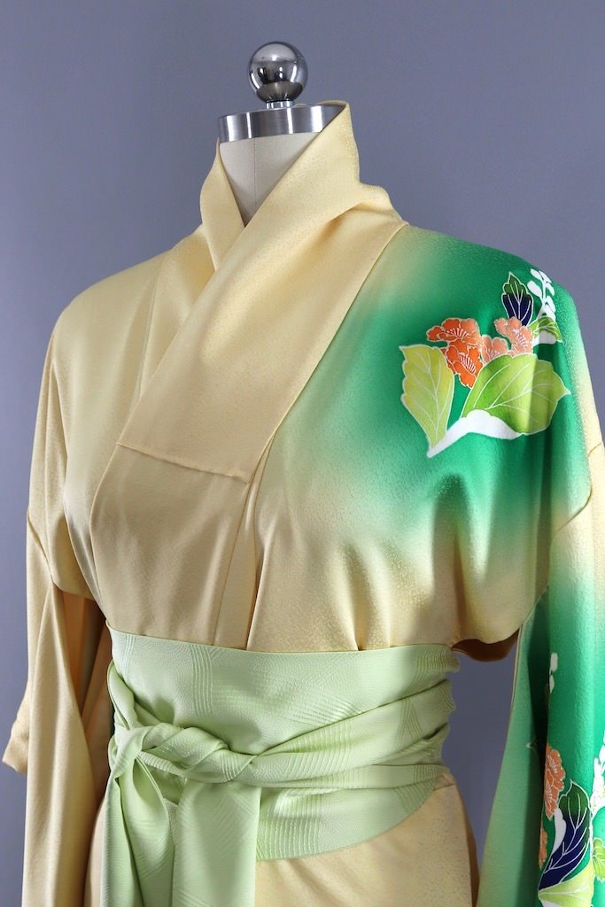 Vintage Yellow Floral Silk Kimono Robe-ThisBlueBird - Modern Vintage