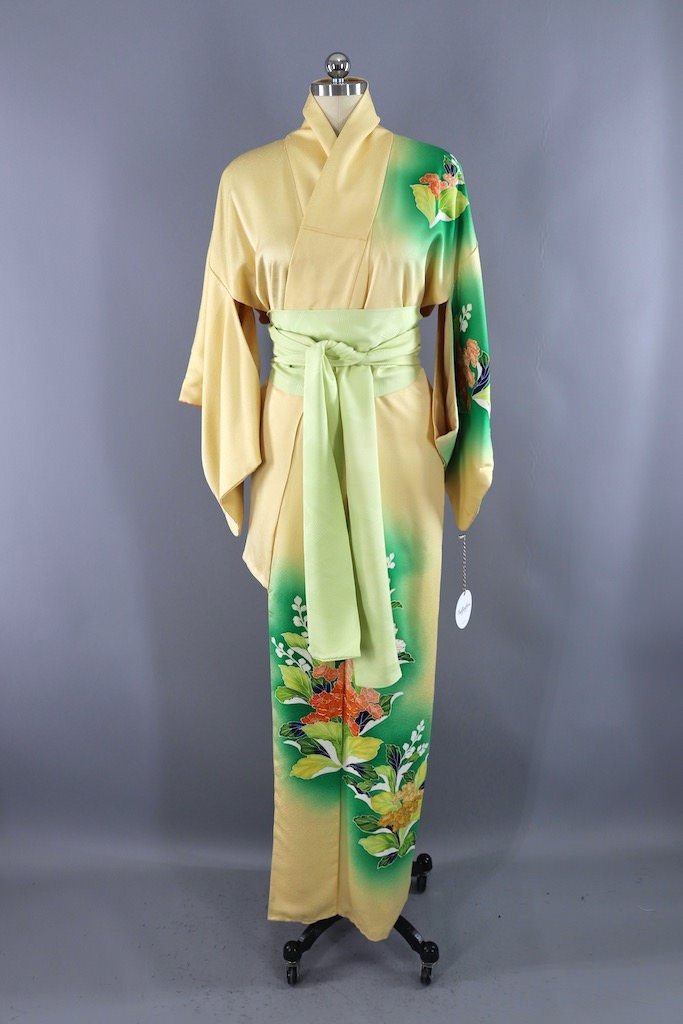 Vintage Yellow Floral Silk Kimono Robe-ThisBlueBird - Modern Vintage