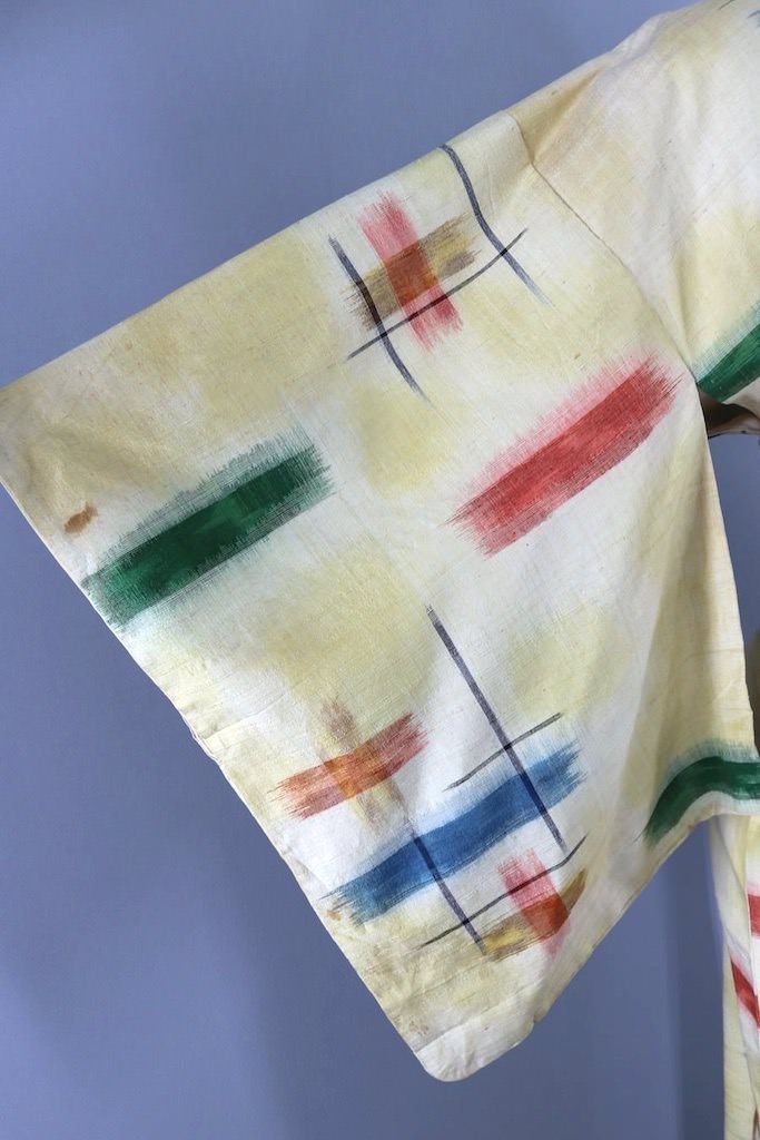 Vintage Yellow Ikat Raw Silk Kimono Robe-ThisBlueBird - Modern Vintage
