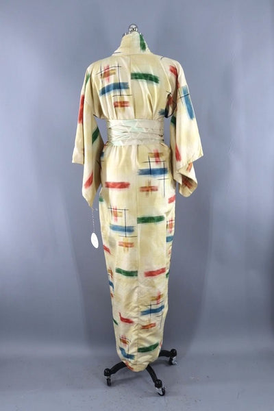 Vintage Yellow Ikat Raw Silk Kimono Robe-ThisBlueBird - Modern Vintage