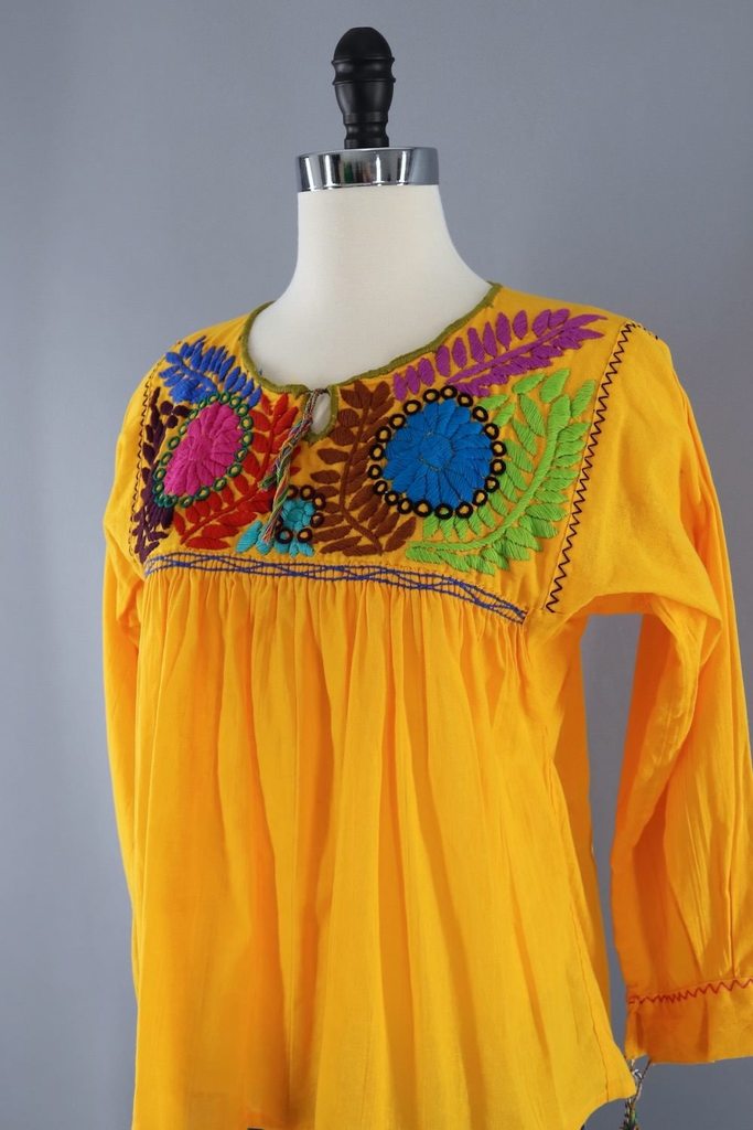 Vintage Yellow Mexican Embroidered Tunic-ThisBlueBird - Modern Vintage