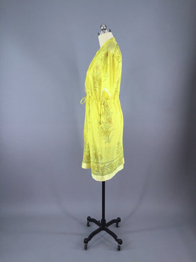 Yellow Floral Print Indian Cotton Dress made from a Vintage Indian Sari - ThisBlueBird