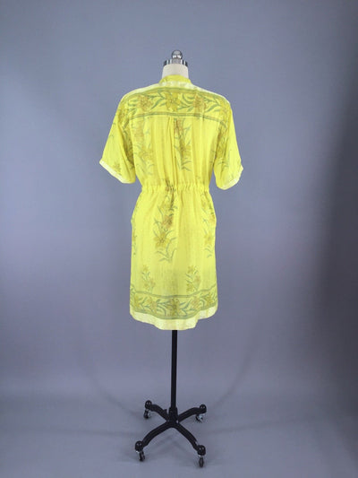 Yellow Floral Print Indian Cotton Dress made from a Vintage Indian Sari - ThisBlueBird